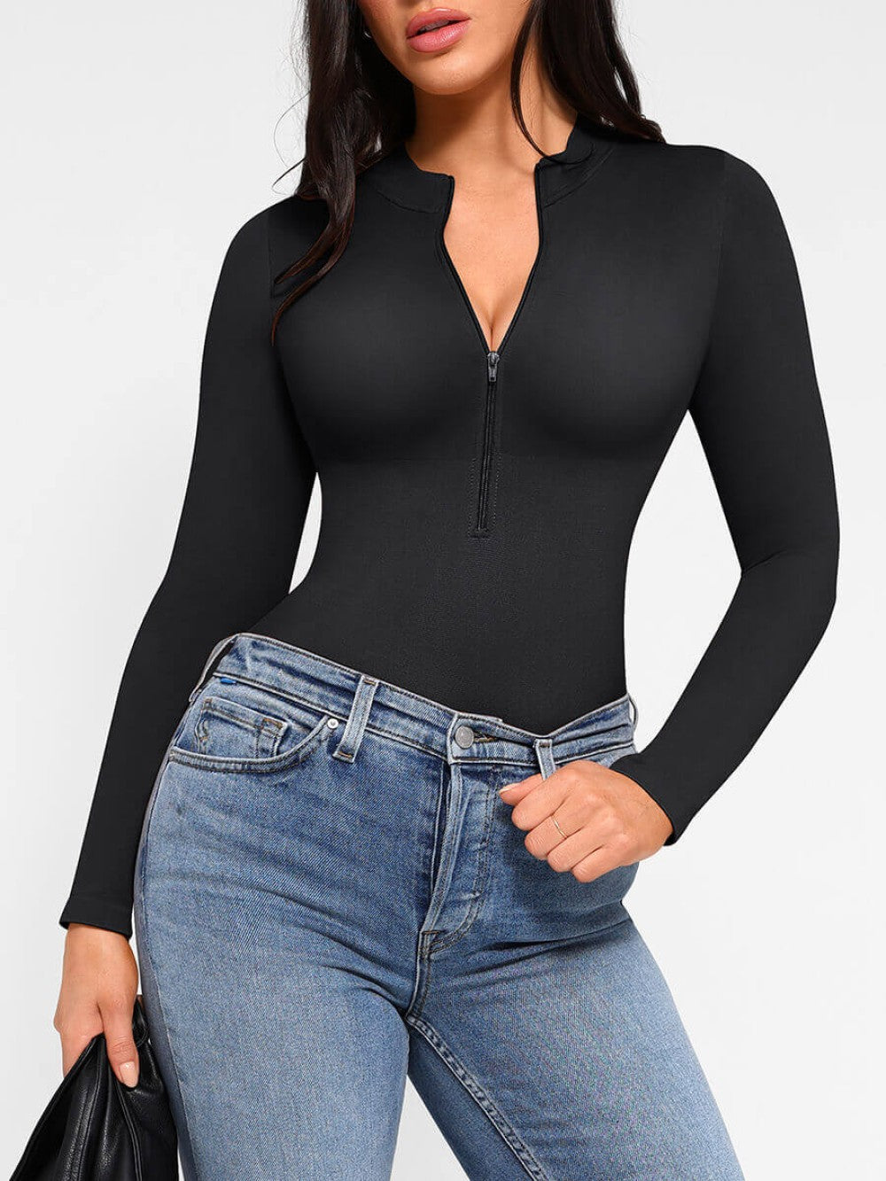 Seamless Long Sleeve Zipper Thong Bodysuit - Black