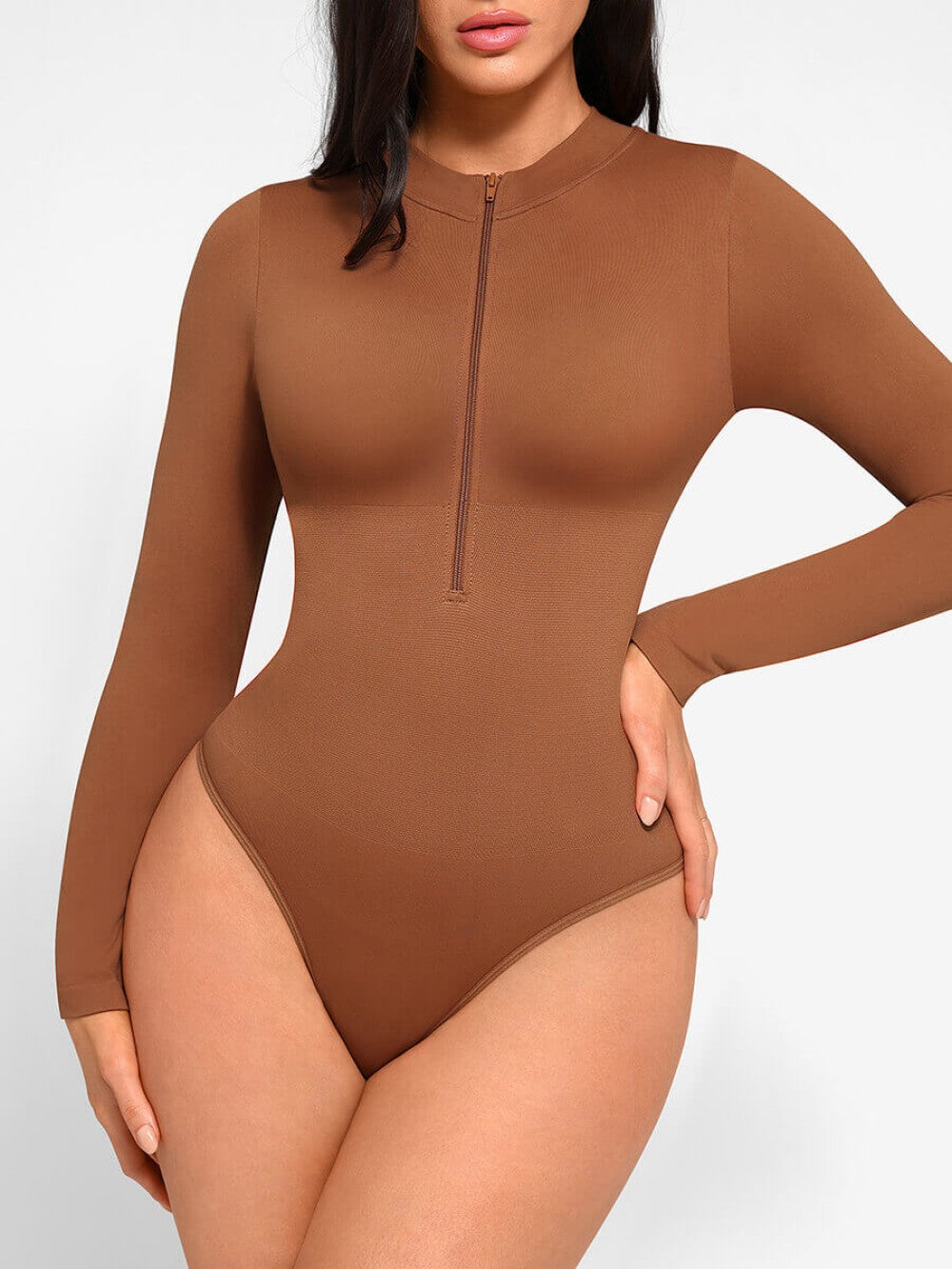 Seamless Long Sleeve Zipper Thong Bodysuit - Mokka