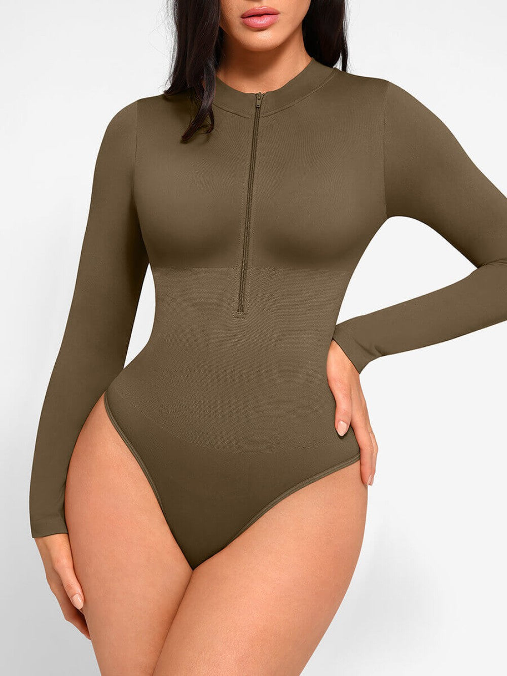 Seamless Long Sleeve Zipper Thong Bodysuit - Dark Green